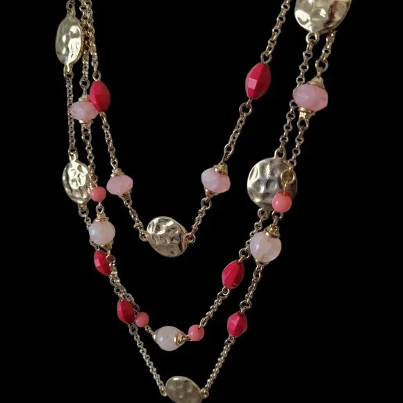 Gold Tone Multi Strand Necklace Pink Red Beads Hammered Discs Layered - Picture 2 of 5